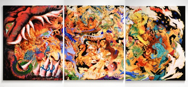 Susan Kim Alvarez's Bosch-esque triptych of South Florida chaos, "Mouth of Miami," 2025. (NSU Art Museum/Courtesy)