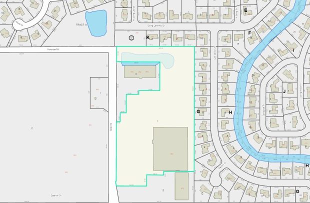 A parcel map showing the 13.76-acre site at 965 Keller Road (outlined in teal) in Altamonte Springs, bordered by neighboring office buildings to the north and south, and the Spring Lake Hills residential community to the east. (Seminole County Property Appraiser)