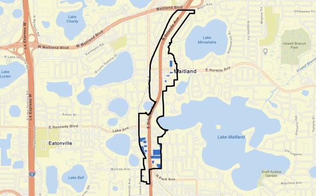 Some downtown Maitland parcels have been difficult to redevelop due to requirements that city coucil is moving to eliminate. City planners identified the parcels for a Aug. 24 meeting. (City of Maitland)