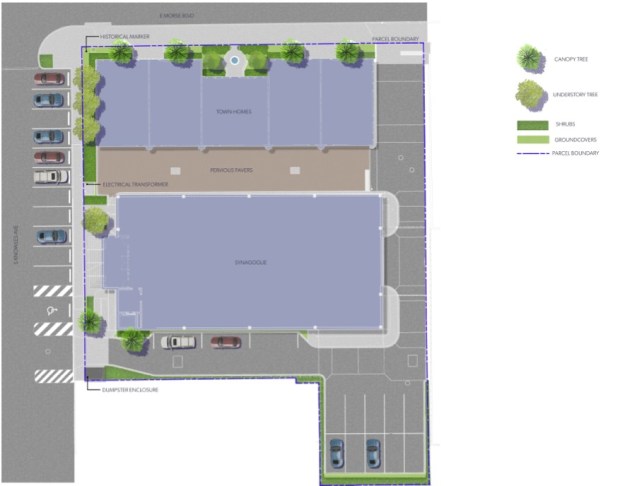 The site layout organizes the property into two distinct zones: the townhomes lining the north side along Morse Blvd. and the larger synagogue complex situated behind them. (City of Winter Park)