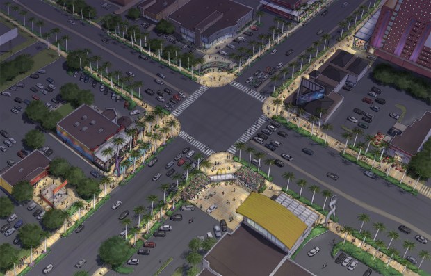 An aerial rendering illustrates the redesigned intersection without the elevated bridge, designed with dedicated clearance zones to ensure sidewalk improvements won't interfere with the future bridge's structural footprint. (Courtesy Gateway 2040)