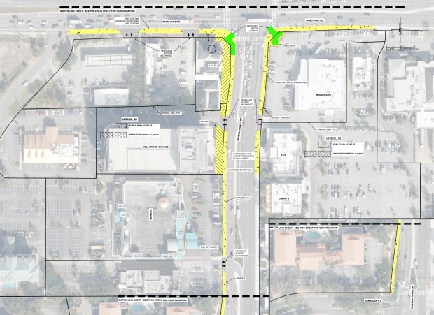 A technical concept plan illustrates the proposed sidewalk expansions, right-of-way boundaries, and bridge landing clearance zones along the south and west corridors of the intersection. (Courtesy Gateway 2040)