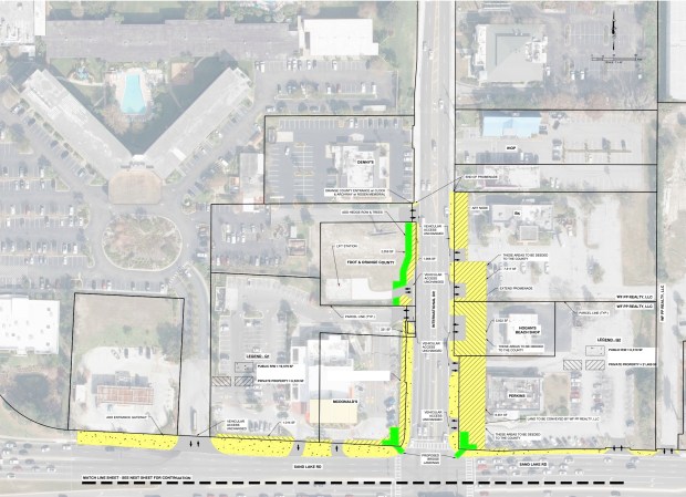 A site plan map highlights the land areas offered for conveyance and the design layout for sidewalk and infrastructure improvements along the north and east sides of the intersection. (Courtesy Gateway 2040)