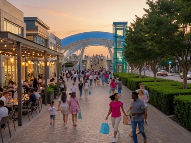 A conceptual rendering depicts the pedestrian-friendly promenade design, showing widened sidewalks lined with shops and restaurants leading up to the elevated pedestrian bridge. (Courtesy Gateway 2040)