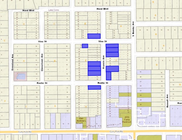 The 10 parcels included in the Francis Park Land Use Plan, shown in blue, are scattered along Francis Avenue and Vine Street in Orlando's Hourglass District. Interstruct proposes treating them as one 27-unit rental development despite intervening properties outside its control. (Orange County Property Appraiser)