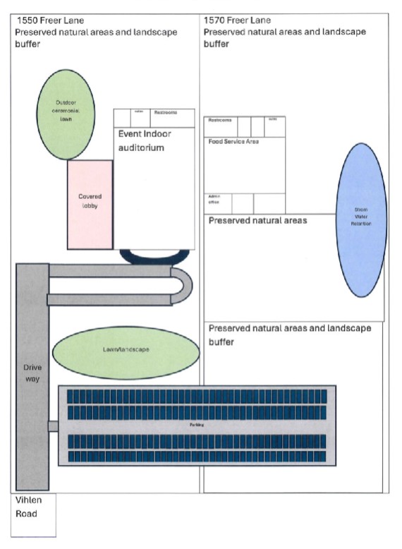A preliminary site sketch shows the proposed layout for the Pandal Events Center across two parcels on Freer Lane. (Courtesy Seminole County)