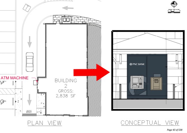 An applicant exhibit shows the proposed location and design of PNC Bank's drive-up ATM on Building 2 at Sails of Trelago. The ATM remains allowed under the project's existing drive-through entitlement. (City of Maitland)