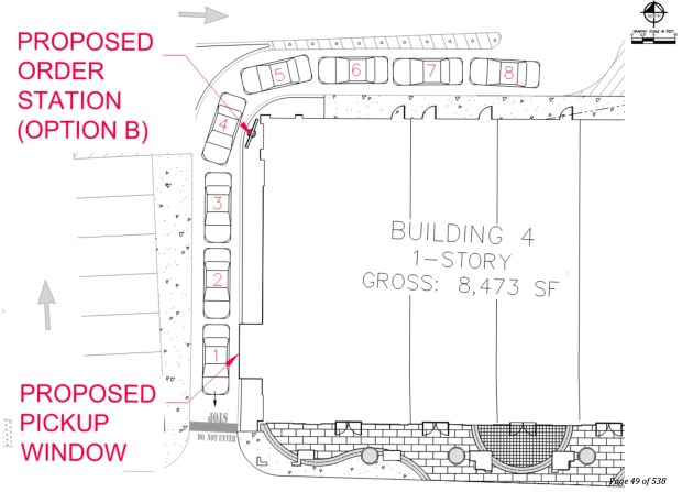 An applicant site plan shows one proposed layout for the Foxtail Coffee drive-through at Sails of Trelago, with eight vehicle-stacking spaces between the pickup window and order station. (City of Maitland)
