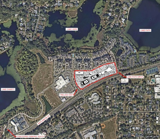 An aerial plan shows the commercial portion of Sails of Trelago on the north side of Maitland Boulevard between Trelago Way and Lake Faith Drive, near the Lake Faith residential neighborhood. (City of Maitland)