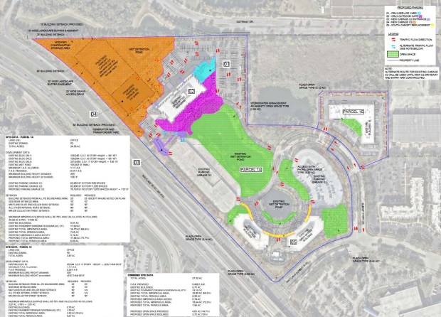 The approved site plan details Charles Schwab's proposed campus enhancements, including an up to 10-story parking garage, service yard, and outdoor café dining area. (City of Maitland)