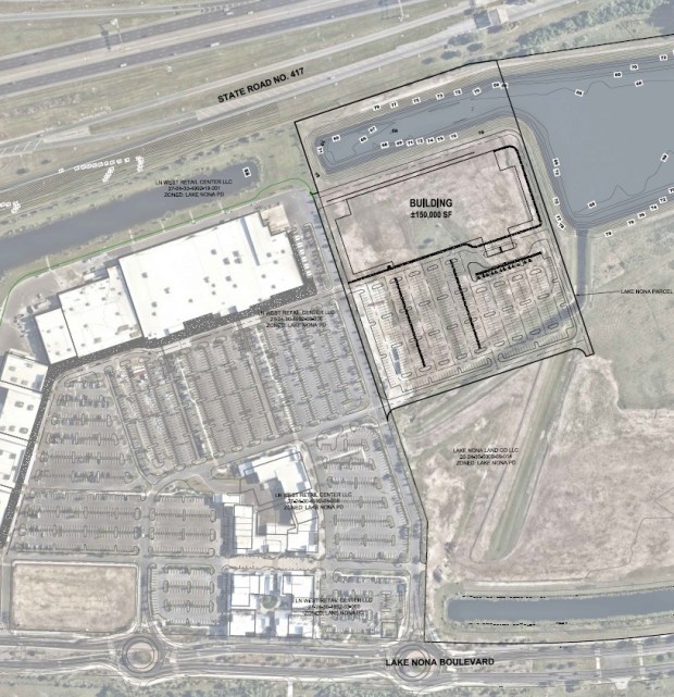 Tavistock Development has applied for master-plan approval for a new big-box hardware store on 15.6 acres just east of the Target at Lake Nona West. (Site plan by LJA Engineering)