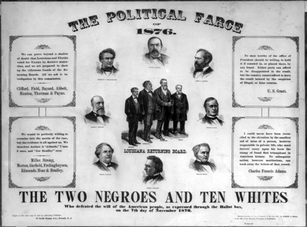 A historic Democratic illustration claims the party can "prove beyond a shadow of doubt that Louisiana and Florida voted for [Democrat Samuel] Tilden by decisive majorities" and not Republican Rutherford B. Hayes. But historians believe that Republicans were correct that intimidation and violence kept Black voters from the polls in states still under post-Civil War Reconstruction. (Library of Congress)