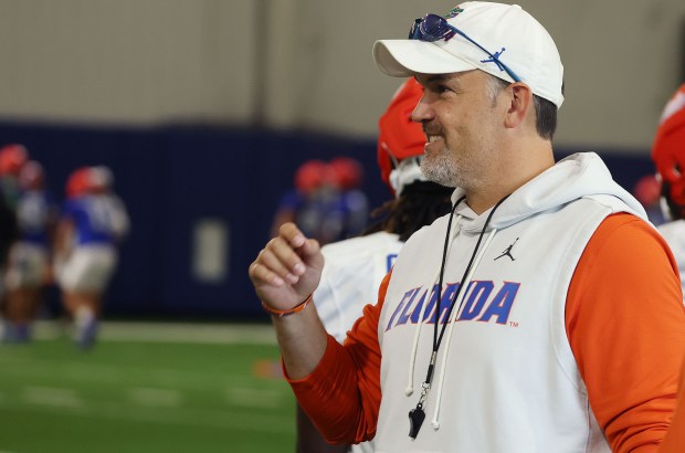 Florida defensive coordinator Brad White gestures during the Gators' preseason camp Aug. 5 at the UF practice facility in Gainesville. (Stephen M. Dowell/Orlando Sentinel)
