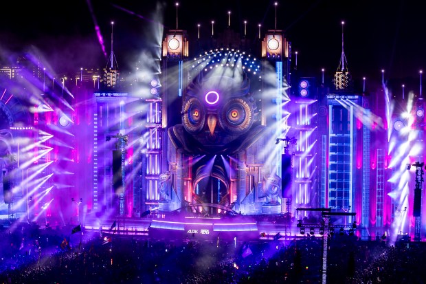 A giant owl is the focal point of the Kinetic Field stage during EDC Orlando at Tinker Field outside of Camping World Stadium on Nov. 9, 2025. (Patrick Connolly/Orlando Sentinel)
