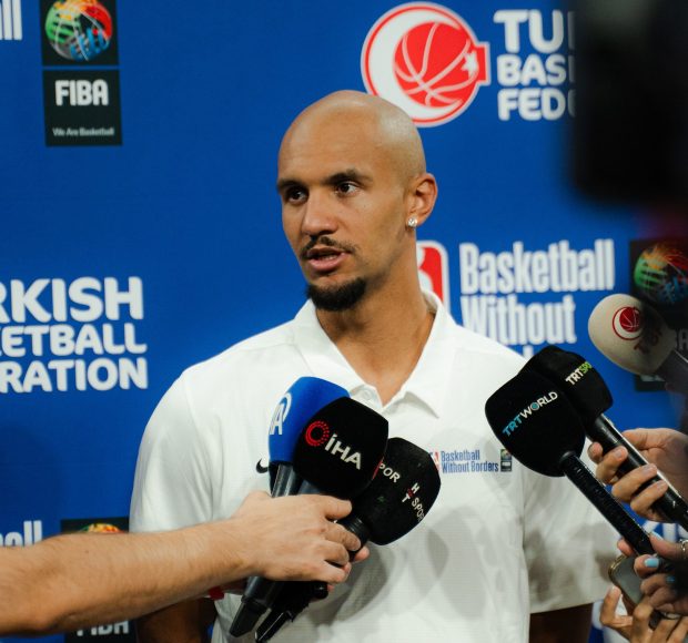 Magic guard Jalen Suggs takes part in a media session at the inaugural Basketball Without Borders Next Up camp in Istanbul, Turkey on Wednesday. (Courtesy of NBAE)