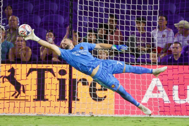 ORLANDO, FLORIDA - AUGUST 22: Maxime Crépeau #71 of the Orlando City SC makes a save during the first half against Real Salt Lake at Inter.Co Stadium on August 22, 2026 in Orlando, Florida. (Photo by Alex Menendez/Getty Images)