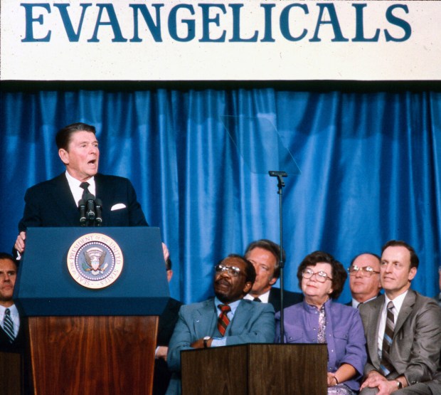 President Ronald Reagan delivers his famous "Evil Empire" speech to the National Association of Evangelicals at the Sheraton Twin Towers in Orlando in 1983. (Joe Burbank/Orlando Sentinel file)