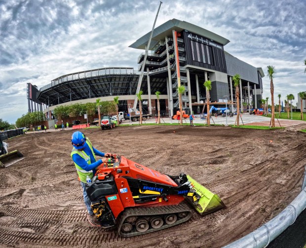 Construction continues at Acrisure Bounce House stadium at the University of Central Florida, Wednesday, August 5, 2026. The $88 million expansion includes the Roth Tower Project, a 58,000-square-foot addition on the west side of that stadium that adds premium seating, suites and year-round hospitality space. (Joe Burbank/Orlando Sentinel)