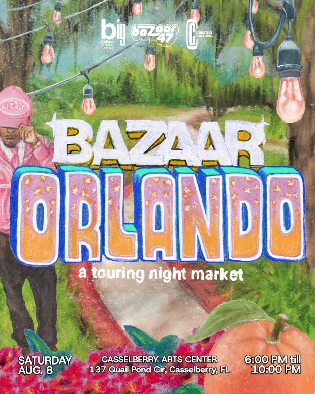 The Bazaar Florida Tour stops at the Casselberry Arts Center on Aug. 8, bringing 50 vendors, DJs, workshops and creative connection to the community. The flyer for the event was hand-painted by Amayah Novela and designed by Jahi Khalfani. (Courtesy of Bazaar47)