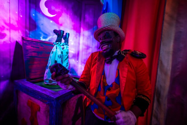 Two Halloween Horror Nights icons come to life in the "Jack & Oddfellow: Chaos & Control" house at Universal Studios Florida on Aug. 28, 2026. (Patrick Connolly/Orlando Sentinel)