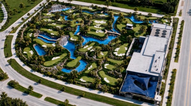PopStroke is opening its International Drive flagship location later this year with its "most elaborate mini golf course" yet. The two 18-hole courses feature waterfalls and one cave with a shark and stingray-filled aquarium. (Courtesy of PopStroke)