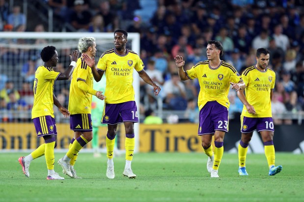 ST PAUL, MINNESOTA - AUGUST 29: Tyrese Spicer #14 of Orlando City SC celebrates scoring the game-tying goal against Minnesota United FC during stoppage time in the second half at Allianz Field on August 29, 2026 in St Paul, Minnesota. Orlando and Minnesota played to a 3-3 draw. (Photo by David Berding/Getty Images)