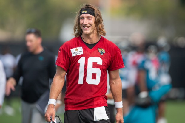Jacksonville Jaguars quarterback Trevor Lawrence (16), during practice at the team's NFL football training camp, July 30, 2026, in Jacksonville, Fla. (AP Photo/Kelly Jordan)