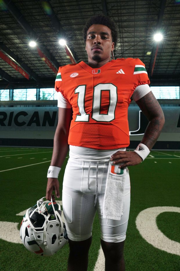 University of Miami quarterback Darian Mensah during football media day in the Carol Soffer Indoor Practice Facility in Coral Gables, Monday, Aug. 3, 2026. (Jim Rassol/Contributor)