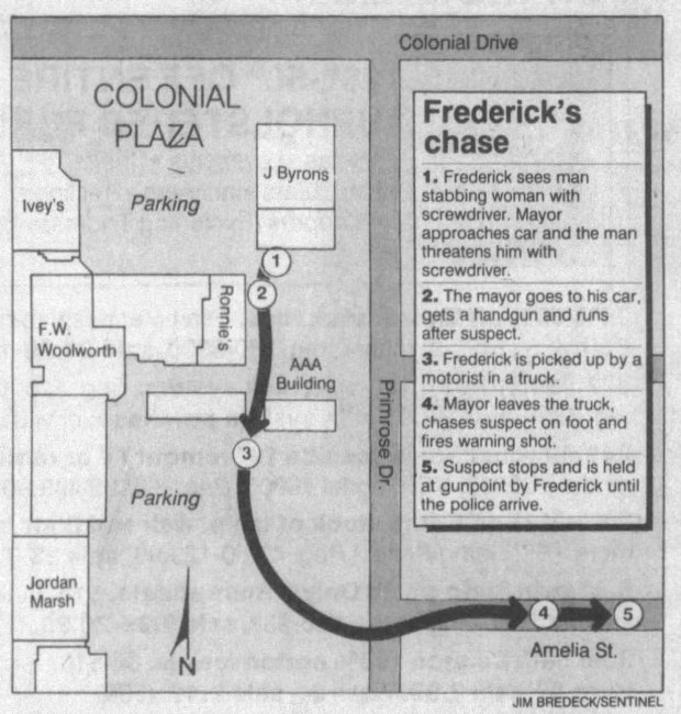 Map shows details of when Orlando Mayor Bill Frederick helped nab a stabbing suspect in 1988. (Orlando Sentinel File)