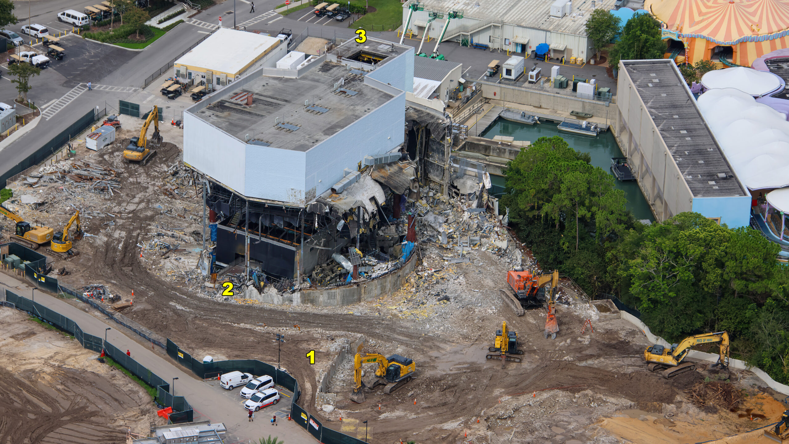 The final recognizable pieces of Poseidon’s Fury have been exposed as demolition crews tear through the former attraction’s show building at Universal Islands of Adventure.