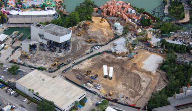 The final recognizable pieces of Poseidon’s Fury have been exposed as demolition crews tear through the former attraction’s show building at Universal Islands of Adventure.