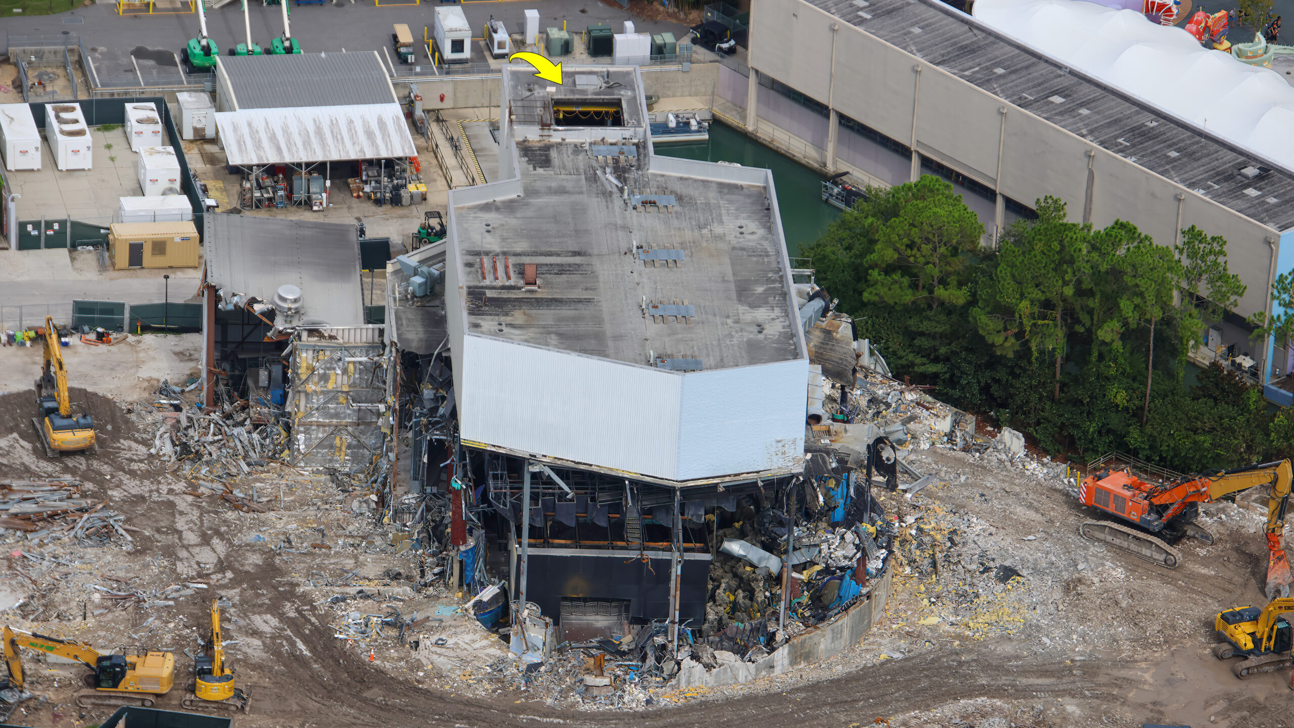 The final recognizable pieces of Poseidon’s Fury have been exposed as demolition crews tear through the former attraction’s show building at Universal Islands of Adventure.