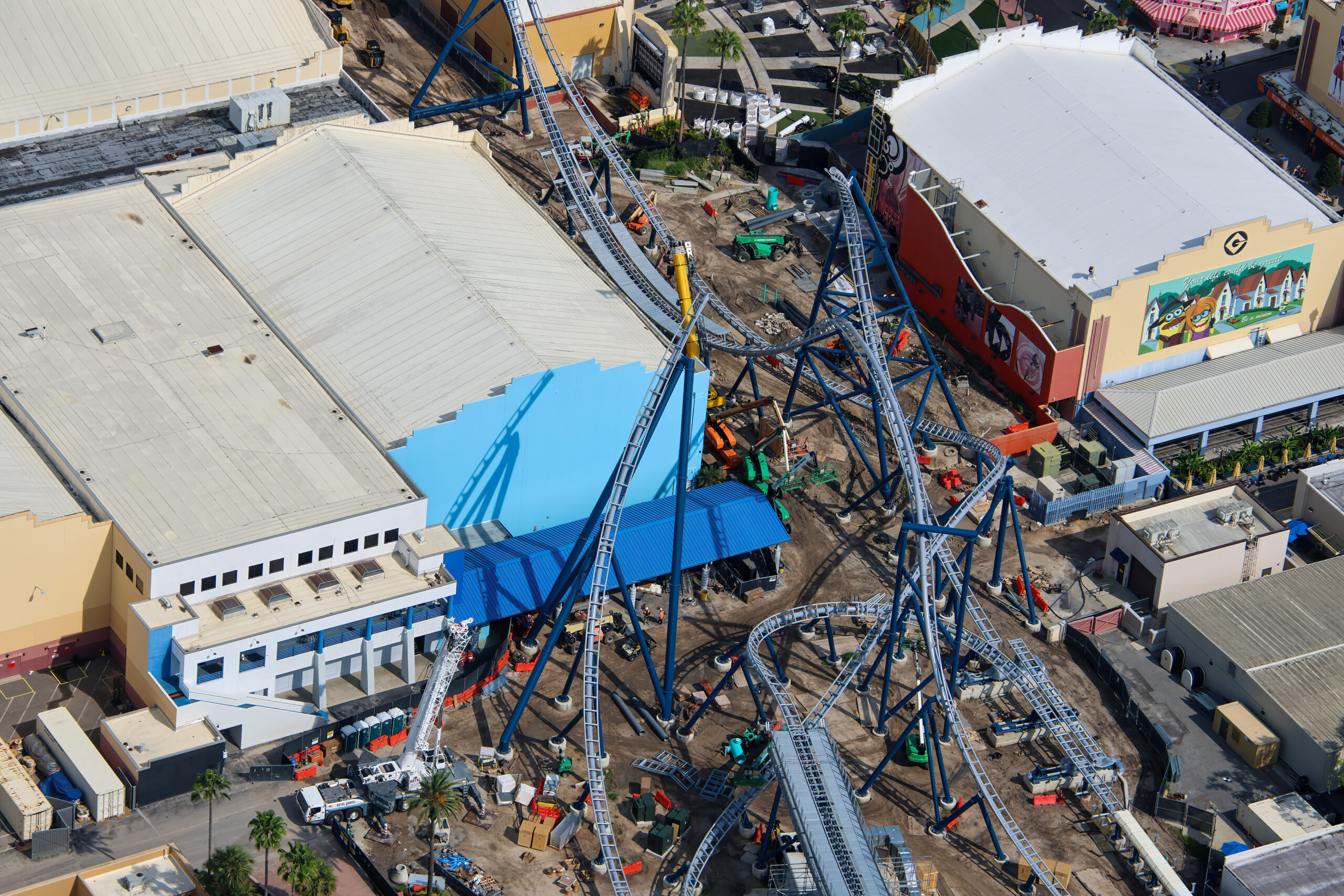 Aerial photographer bioreconstruct shared new views of the sprawling construction site, offering some of the clearest looks yet at the attraction’s interconnected track, station, launch, and maintenance areas.