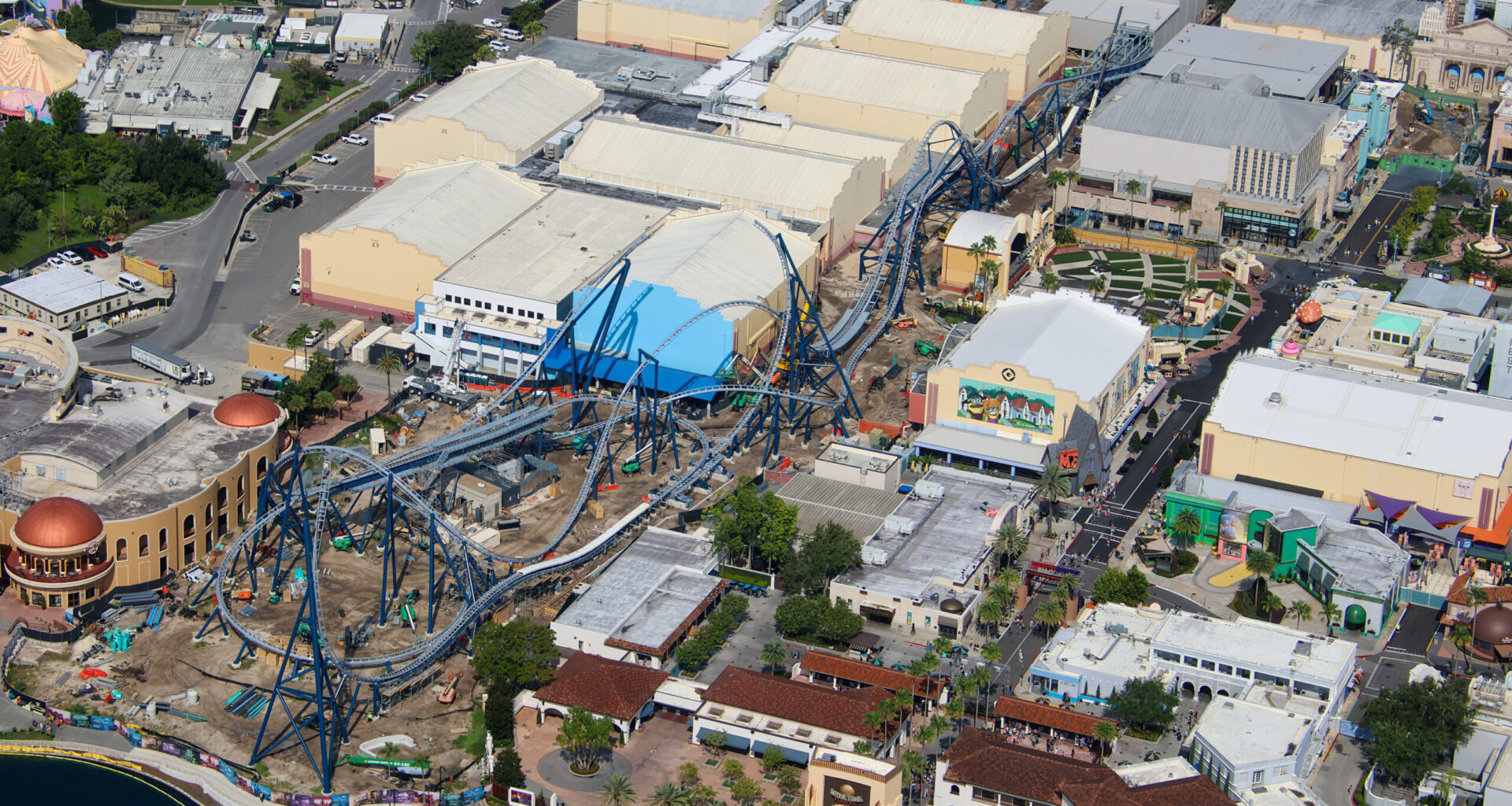 Aerial photographer bioreconstruct shared new views of the sprawling construction site, offering some of the clearest looks yet at the attraction’s interconnected track, station, launch, and maintenance areas.