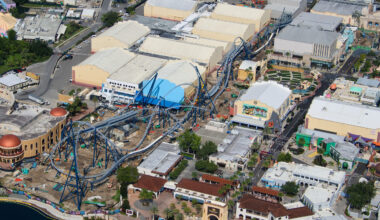 Aerial photographer bioreconstruct shared new views of the sprawling construction site, offering some of the clearest looks yet at the attraction’s interconnected track, station, launch, and maintenance areas.