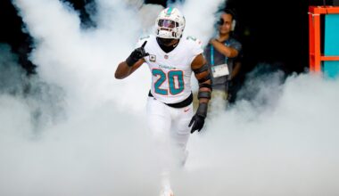 Nov 9, 2025; Miami Gardens, Florida, USA; Miami Dolphins linebacker Jordyn Brooks (20) runs on the field before a game against the Buffalo Bills at Hard Rock Stadium.