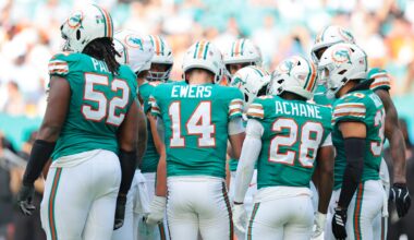 Dec 21, 2025; Miami Gardens, Florida, USA; Miami Dolphins quarterback Quinn Ewers (14) huddles up with teammates during the second quarter against the Cincinnati Bengals at Hard Rock Stadium.