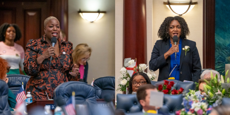 "Florida state representatives speaking into microphones during a legislative house session."
