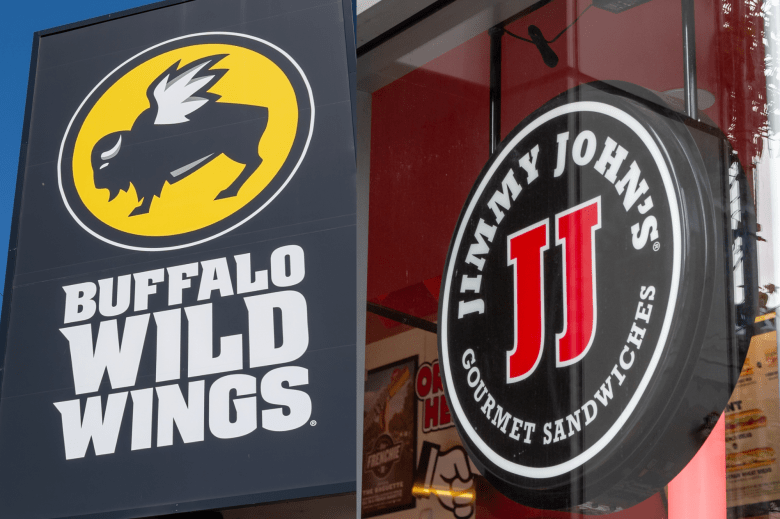 Two signs, one for Buffalo Wild Wings and another for Jimmy John's