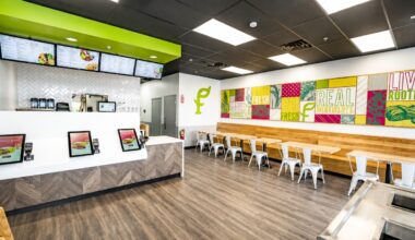 Interior of a SoFresh fast-casual restaurant with digital menu boards, ordering kiosks, green branding, seating area and wall mural.