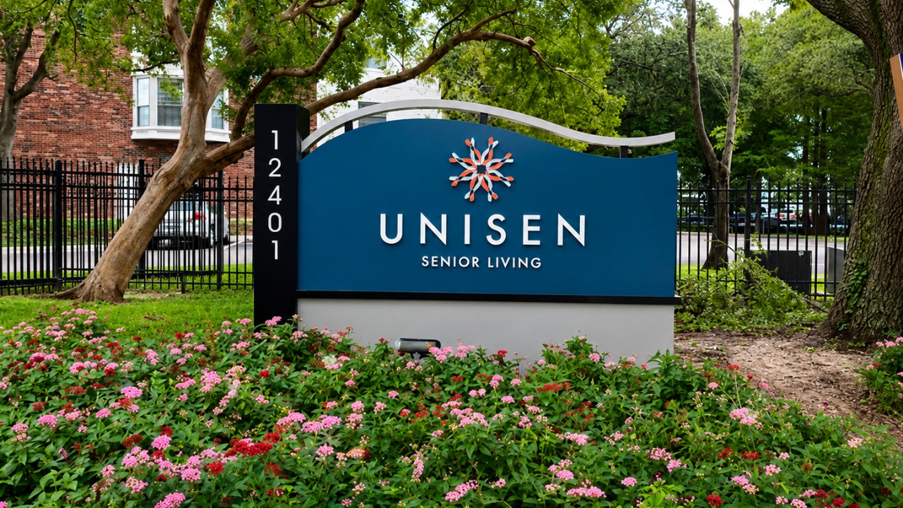 Unisen Senior Living entrance sign near the former University Mall in Tampa