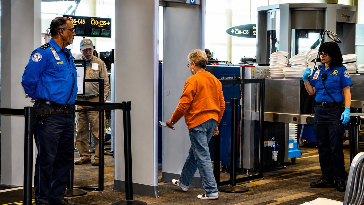 TSA officers oversee a passenger walking through a security checkpoint at Tampa International Airport.
