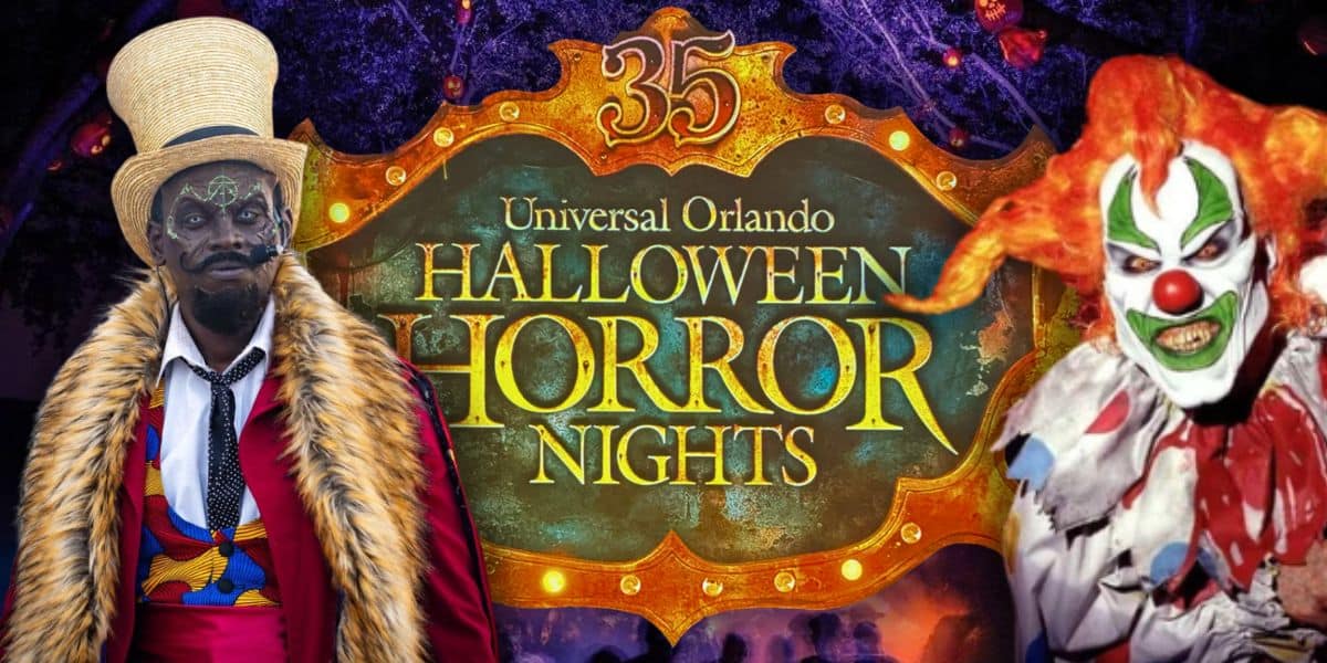 (On the left: Dr. Oddfellow) in the middle is the Halloween Horror Nights 35 logo, which takes places on select nights from August 29 through November 1, 2026. (On the right: Jack the Clown). Halloween Horror Nights 35 Original Houses