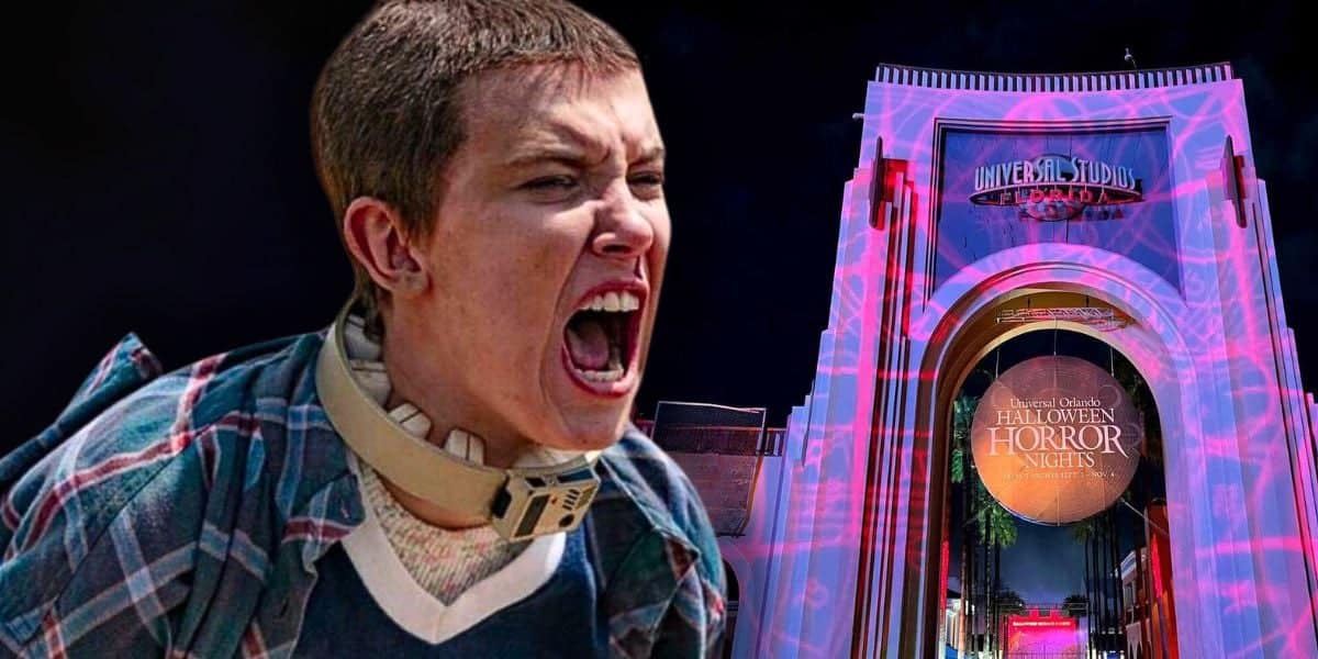 A person with a buzzcut, wearing a plaid shirt and a collar device, screams angrily with their mouth wide open. In the background, the entrance arch to Universal Studios Florida is illuminated with purple lights and displays a sign for "Halloween Horror Nights" featuring "Stranger Things.
