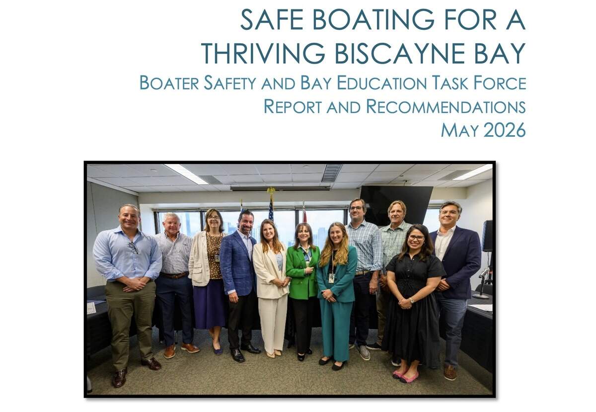 Michael Simpson, third from the right in green shirt, appears on the front of a report released by Miami-Dade County’s Boater Safety and Bay Education Task Force.