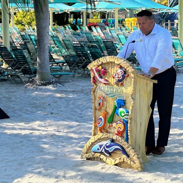 Brad Gilmour, park president of Aquatica and Discovery Cove, talks Thursday about the 15-history of Aquatica water park and future projects for 2023.