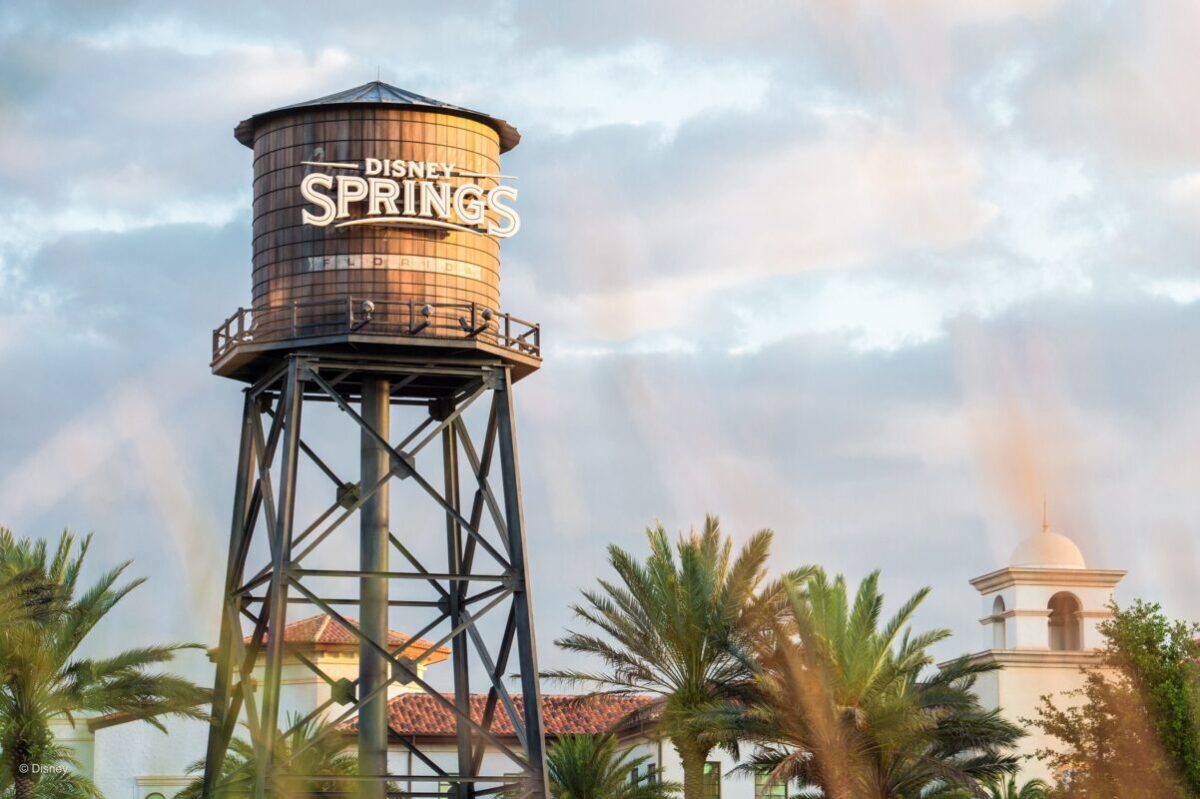 Disney Springs water tower against cloudy sky