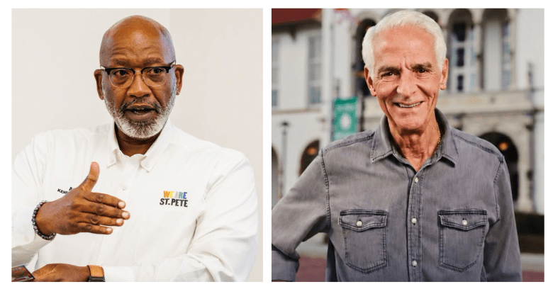 A side-by-side composite photograph showing St. Petersburg Mayor Ken Welch on the left and former Florida Governor Charlie Crist on the right. On the left, Mayor Welch is captured in a medium close-up gesture while speaking, wearing a white collared shirt featuring a "WE ARE ST. PETE" chest logo and round black-framed eyeglasses. On the right, Crist is shown in a medium close-up portrait smiling directly at the camera with his hand on his hip, wearing a grey denim button-down shirt in front of the historic St. Petersburg High School building.