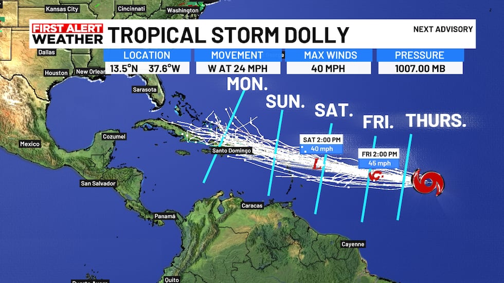 Strong winds and dry air to shear Dolly by the time it reaches the Leeward islands in the...