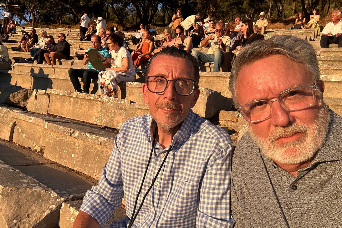 Jeffrey and Walter at the Ancient Theater of Epidaurus, one of the top sights in the coastal town of Akrata, where they've lived since April.